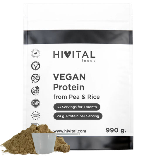 Vegan protein 990G for 1 month of treatment. 24g of Natural Protein a day. Protein based on Pea Isolation and Integral Rice Concentrate. With Natural Chocolate Aroma. No Soy. Hivital